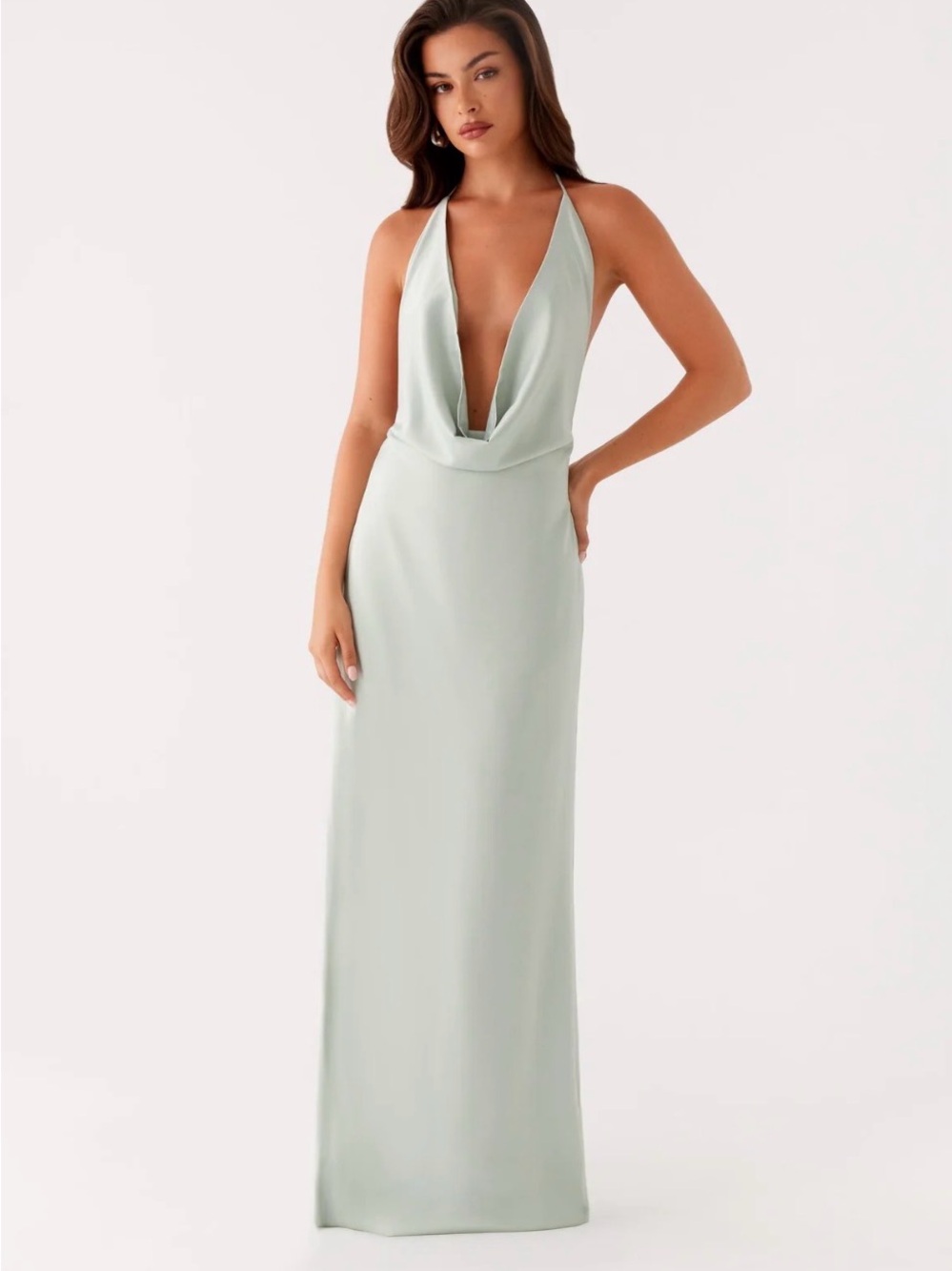 Peppermayo Pale Mint Satin Cowl Halter Maxi Dress